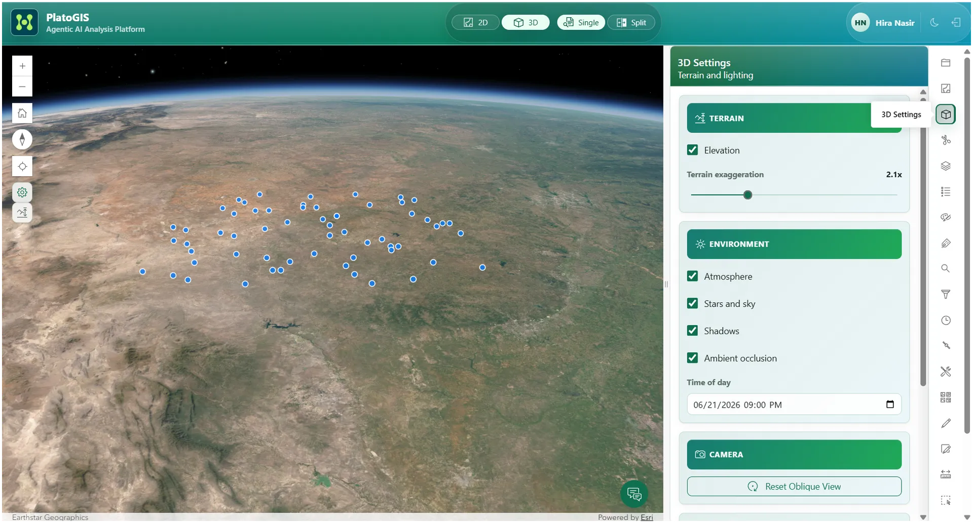 Plato GIS 3D view with map data.
